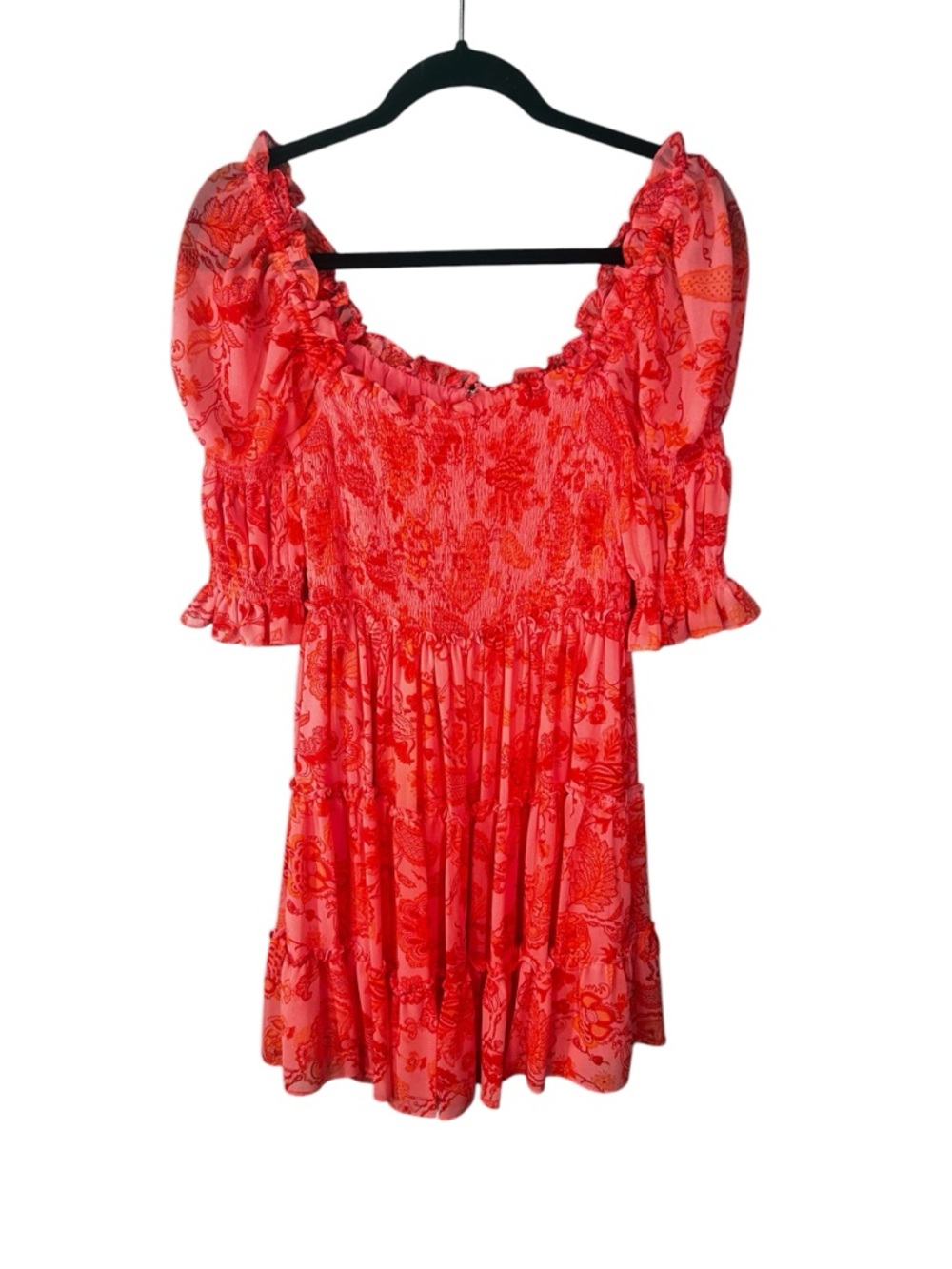 Cinq à Sept Jacky Smocked Mini Dress Red Orange Paisley Puff Sleeve size 2